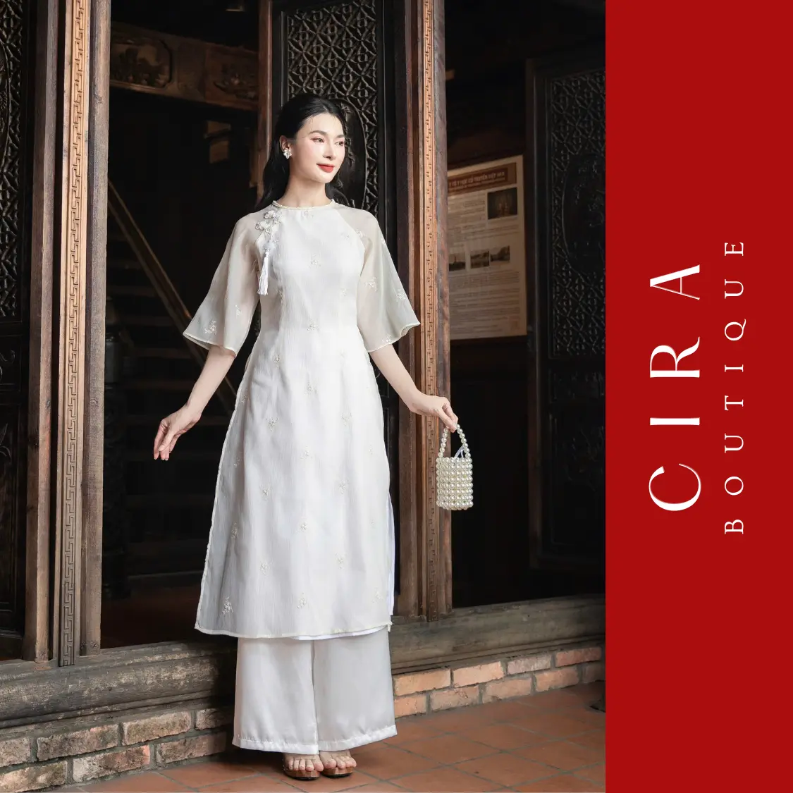 Áo Dài Tơ Thêu Hoa Nút Tàu Thanh Lịch Kèm Quần - Xanh Be Hồng Đỏ - Cira Boutique AD0985 - Size S/M/L/XL/2XL/3XL Women Dress aodai  dang suong