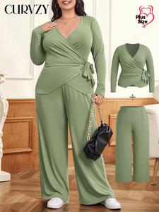 CURVZY Plus Size Two-Piece Set Solid Knot Front Wrap Tee & Pants, Casual Long Sleeve V Neck Top & Trousers for Daily Wear, Women's Two-piece Outfits for All Seasons