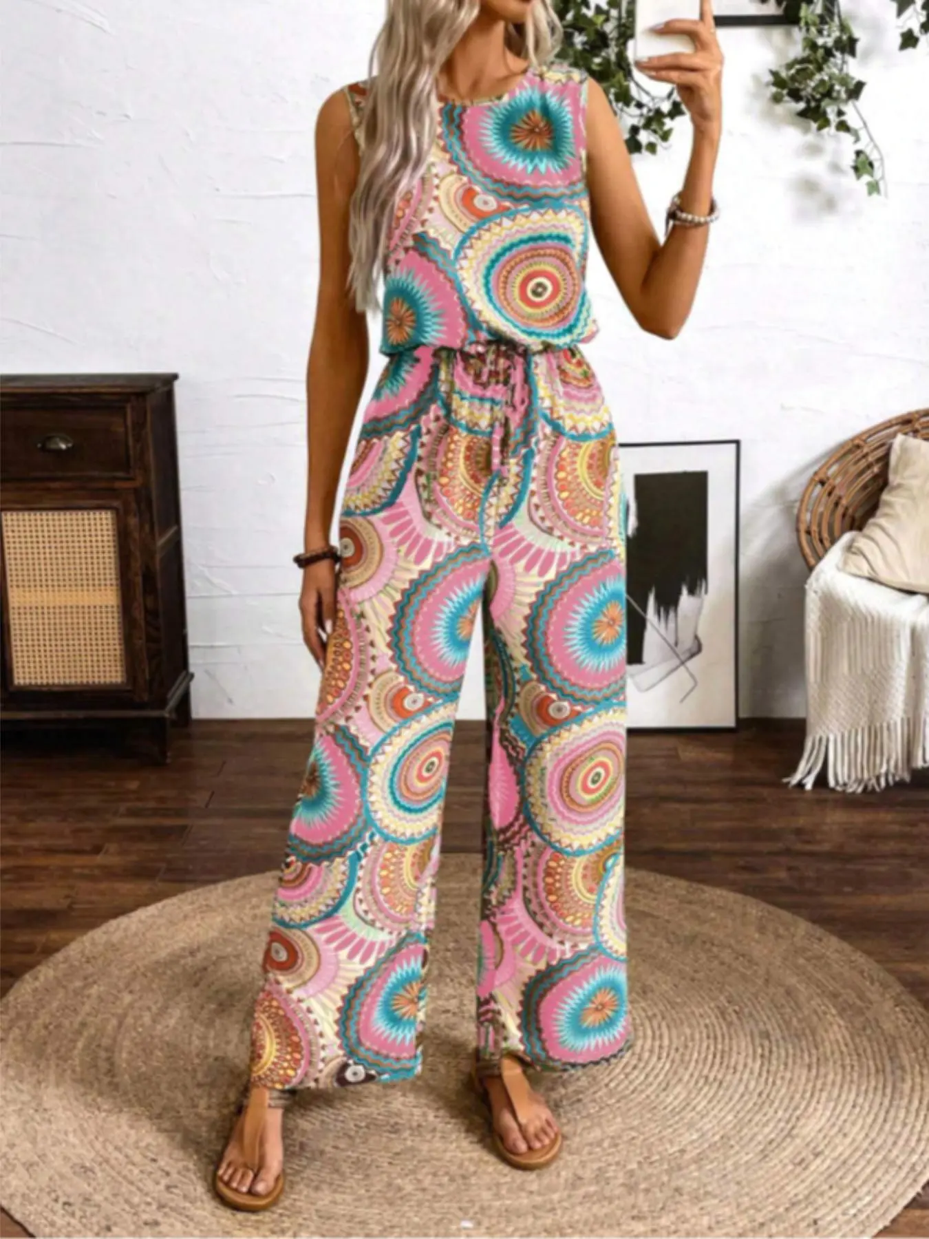 Women's All Over Print Jumpsuit, Casual Sleeveless Wide Leg Jumpsuit for Summer, Women's Jumpsuit for Beach Holiday Vacation, Womenswear