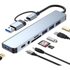 USB C Hub USB Hub 3.0, Aluminum 8 in 1 USB Splitter with 1 x USB 3.0, 3 x USB 2.0 and 1 x USB C, SD/TF Card Reader, 3.5mm Aux Ports for MacBook Pro Air and More PC/Laptop/Tablet Devices