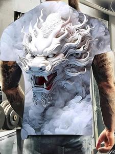 Men's Summer Casual Short Sleeve T-Shirt, Round Neck Dragon Print, High-Quality Fabric, Fitted Style, Perfect for Outdoor Use