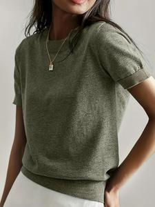 Suéter de cuello redondo y manga corta en color sólido para mujer, pulóver de punto básico casual para primavera y otoño, prendas de punto de moda para uso diario, ropa para mujer