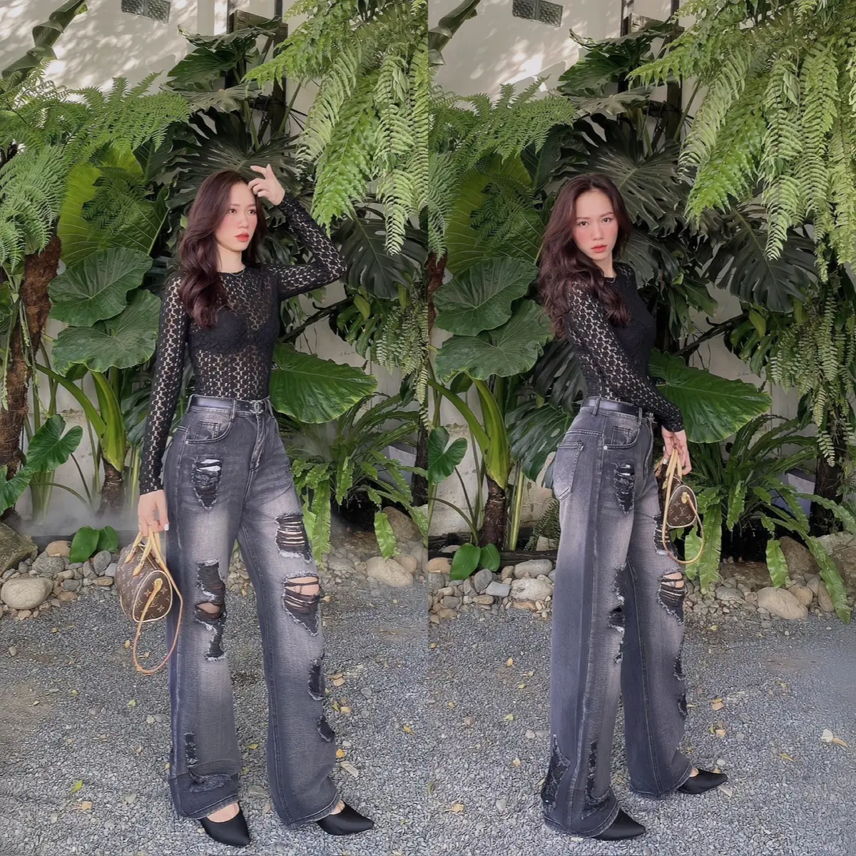 QUẦN JEANS SUÔNG QC XÁM ĐEN RÁCH - Chất liệu: Jean Nữ TOP