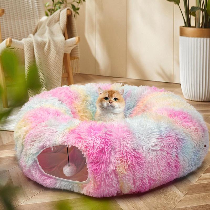 Winter Warm Pet Bed, 2 in 1 Foldable Cat Tunnel Cat Bed, Warm Plush Cat Bed with Hanging Ball & Tunnel Buckle, Pet Supplies for Kitty Indoor Outdoor Use, Cat Beds for Indoor Cats 4