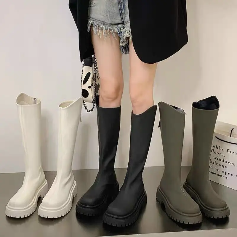 Giày bốt nữ cao tới gối thắt dây có khóa kéo đế răng cưa phong cách hàn quốc 0