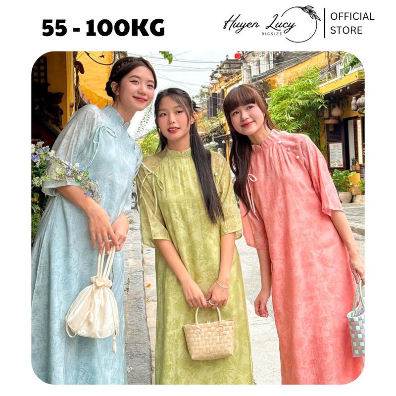 Set áo dài cách tân Bích Giản cổ bèo hoa mờ bigsize nữ dáng suông quần lụa duyên dáng thanh lịch Huyền Lucy Bigsize 2024