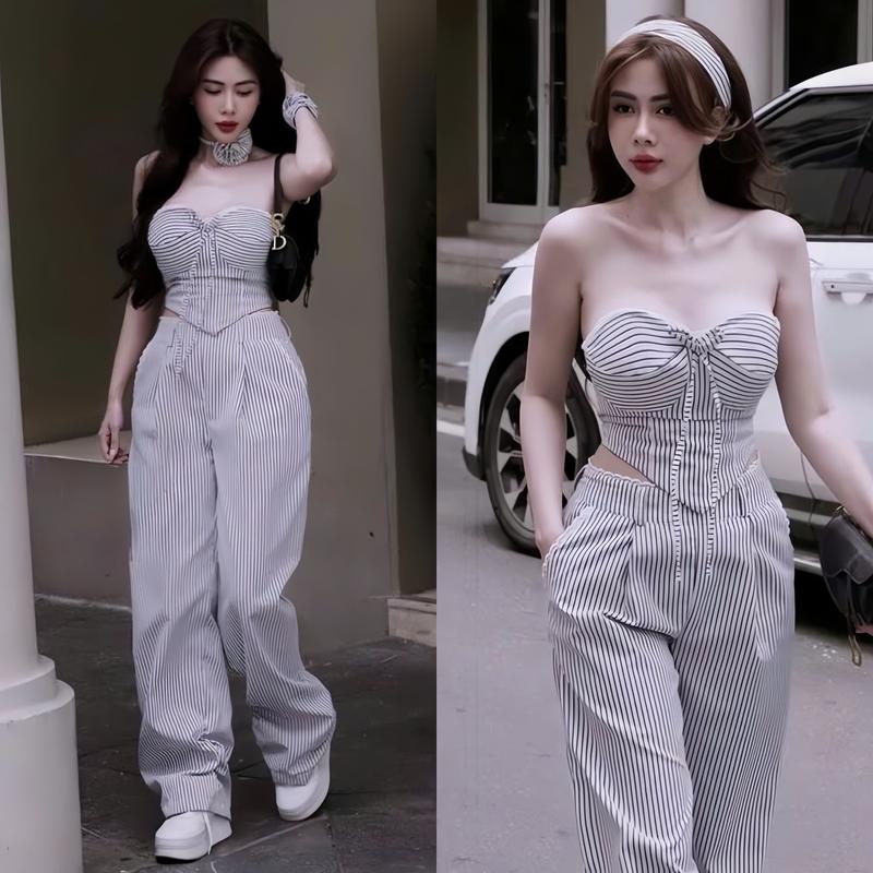Set đồ nữ kẻ sọc áo croptop cúp ngực phối dây thoắt nơ mocking thân sau kèm quần dài ống rộng [Có Dây Hoa] sang chảnh dành cho các nàng Women