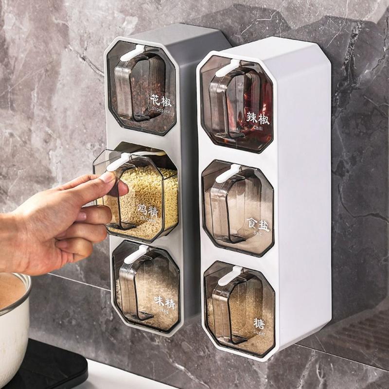 Durable Plastic Seasoning Boxes 2/3 Grid Wall Mounted Condiment Tank With Spoon Divided Seasoning Jar Chicken 1