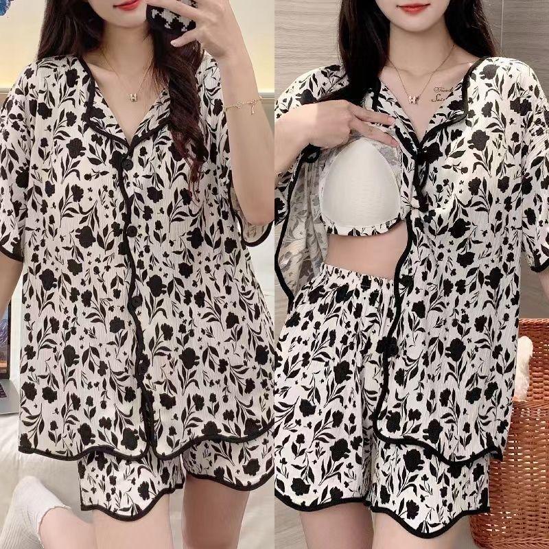 Pajamas Women's Summer Teenagers Come with Nude Feel Chest Pad Sweet Temperament Leisure Style Fashionable Printed Pattern Home Wear