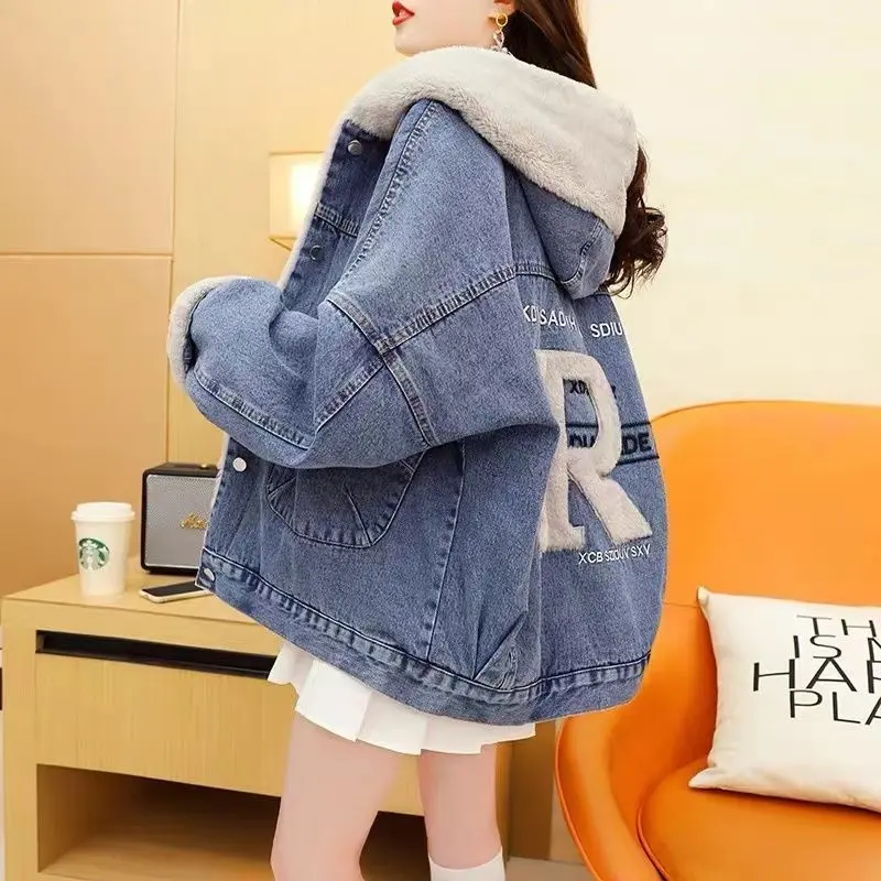 Áo Khoác Denim, Lót Lông Cừu, Dày Dặn, Dành Cho Nữ, Ngắn Và Rộng Rãi, Áo Khoác Độn Bông, Thời Trang, Thích Hợp Cho Mùa Thu Và Mùa Đông, Hàng Mới Về Năm 2024