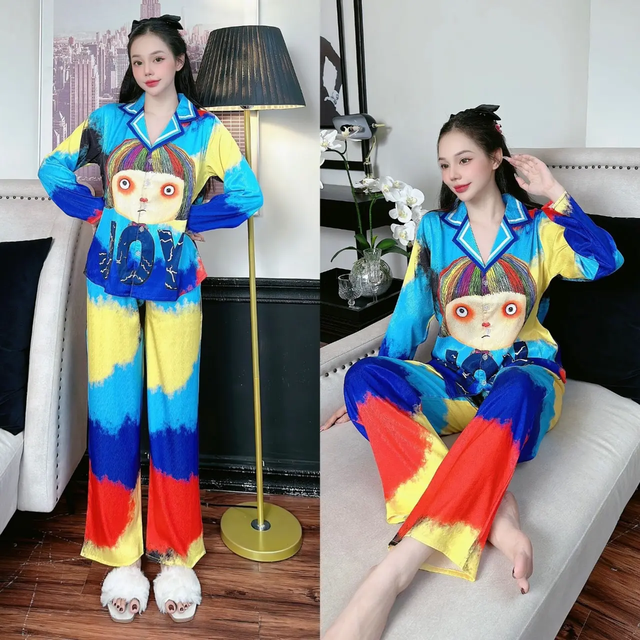 Đồ bộ pijama bảy sắc cầu vồng họa tiết búp bê dễ thương, chất lụa tơ xước mềm mượt, freesize từ 40-60kg