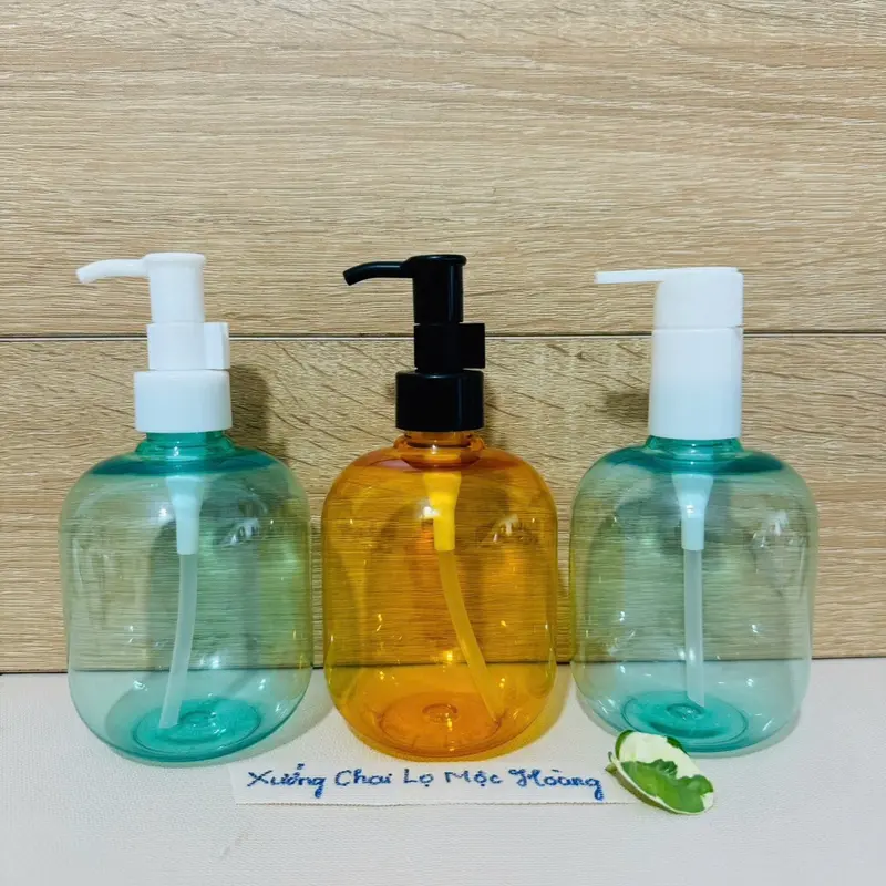 Chai lọ nhựa 300ml Tròn Lùn màu Xanh Ngọc/Cam Trong - Vòi nhấn cao cấp đủ loại -Khóa Vàng-Nắp Bật 6
