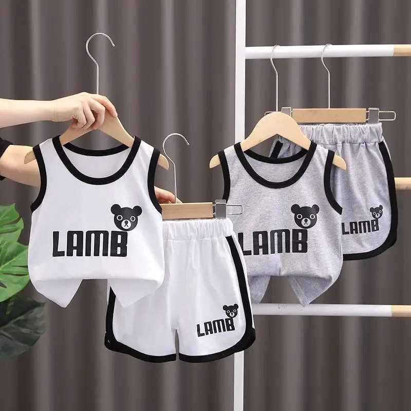 BỘ QUẦN ÁO BA LỖ GẤU LAMB 2 MÀU CHO BÉ TRAI BÉ GÁI 8-18kgg Cotton - 1