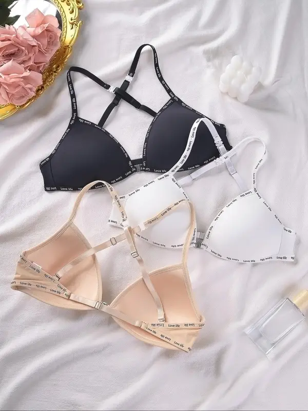 Women's Solid Color Letter Trim Wireless Bra, Breathable Comfortable Cross Back Bra, Soft Supportive Lingerie for Daily Wear, Women's Lingerie for All Seasons 1