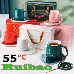 Ruibao Mug Cangkir Elektrik Set Keramik Pemanas 55 Derajat Penghangat Kopi