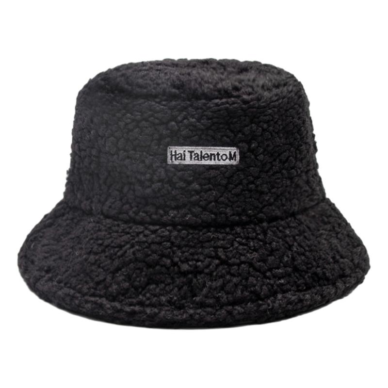 Product Introduction of Lamb Wool Bucket Hat Winter Warm Hats For Women Lady Thicken Flat Top Cap Panama Outdoor Fisherman Hat Caps Letter Embroidered Hat Fisherman Cap 56-58 cm 22