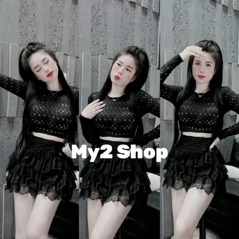 Set áo croptop ren và chân váy ren tầng cho cô nàng cá tính Nữ botieuthu dothudong Women vest len a sweater sét quần phối phông setbo 3mon đồ 3