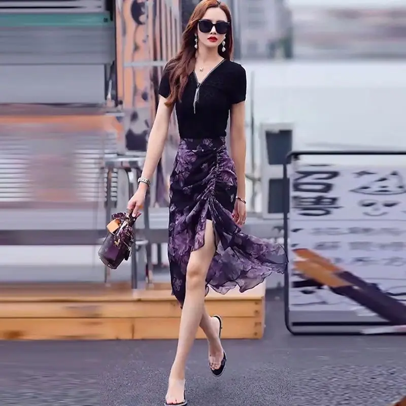 Váy Dây Rút Voan, Hàng Mới Về Mùa Hè Của Phụ Nữ, Hoa, Dài Trung Bình Cạp Cao, Váy Bodycon Bất Đối Xứng Thanh Lịch Women Khuy