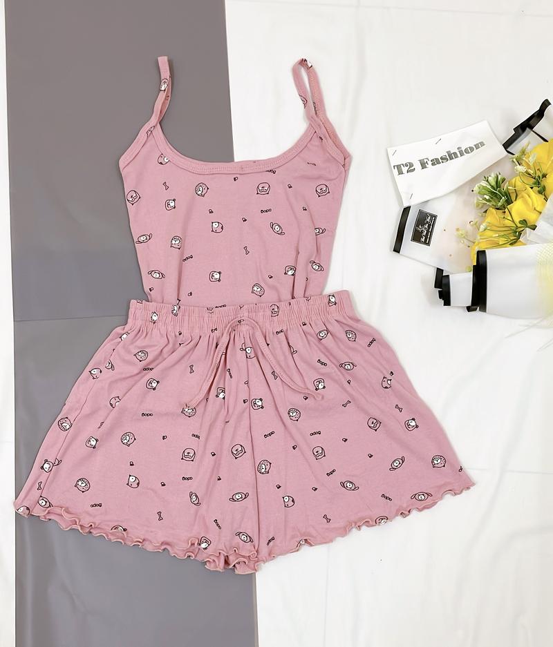 Product Introduction of Sét bộ đồ ngủ áo 2 dây và quần đùi họa tiết siu xinh chất Cotton co giãn T029 Nữ Nhung 22