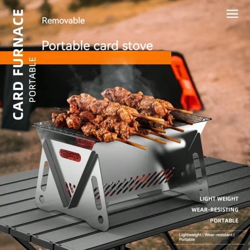#KUP 1pc Portable Stainless Steel Camp Stove With Removable Grill Mesh - Perfect For Outdoor Camping And Picnics 1