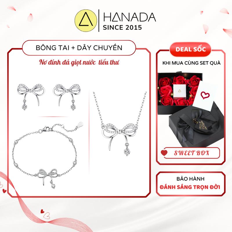 Bộ Trang Sức Bạc 925 HANADA set bạc dây chuyền bạc cho nữ bông tai lắc tay nữ nơ Đính Đá Giọt Nước Rơi dây chuyền bạc Tiểu Thư quà tặng sn bạn nữ Nhẹ Nhàng L1308 L1201 H08