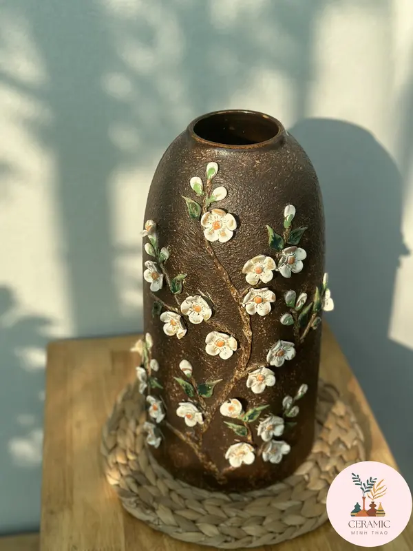 Bình đắp hoa nổi thủ công - gốm Bát Tràng Decor bình chuông  cắm hoa lọ hoa 0