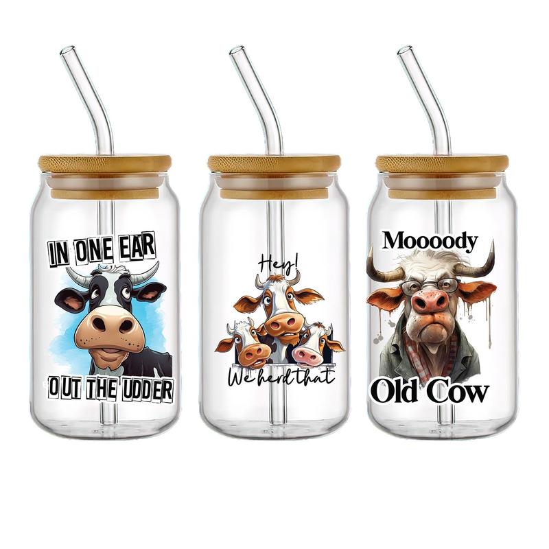 Cow Pattern UV DTF Cup Wraps Transfer Sticker, 4 Counts/set Waterproof Crystal Sticker for Cup Bottle, DIY Scratch Resistant Transfer Decals for Gift 6