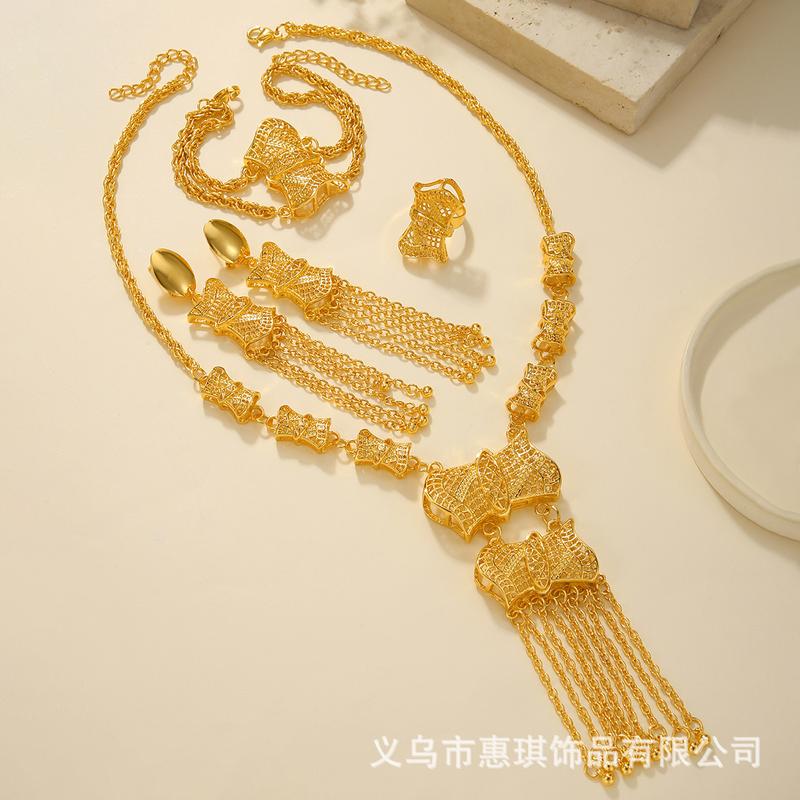 Product Introduction of 24k Gold Plated Necklace Bracelet Earrings Ring Jewelry Set for Bride Women's Accessories Four-piece Set 0