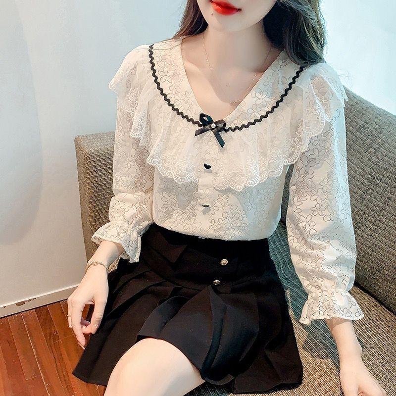 Product Introduction of Áo Sơ Mi Dài Tay Ren Nơ Cổ Chữ V, Thiết Kế Xinh Xắn, Áo Dễ Phối Đồ Sang Trọng Độc Đáo Dành Cho Nữ, Hàng Mới Về Đầu Mùa Thu 2022 Women Top Shirt 23