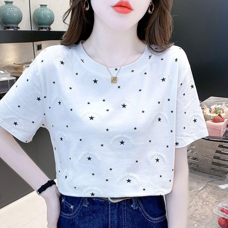 Áo Thun Trắng Cổ Điển Cho Nữ, Áo Ngắn Tay Cổ Tròn Mới, Thiết Kế Tối Giản In Họa Tiết, Quần Áo Mùa Hè Top Women 4
