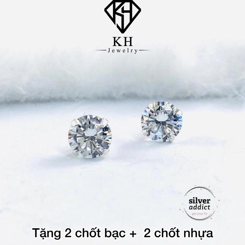 Khuyên Tai BẠC Nụ Đá 4 Chấu Trắng Nam Nữ Đeo Đều Đẹp - Chốt Đẩy - KHJER052 Đá Cubic Zirconia 6A Sáng