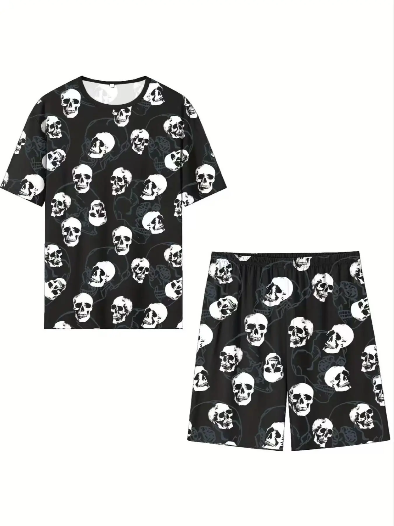 Men's All Over Skull Print Tee & Elastic Waist Shorts Loungewear Two-Piece Set, Regular Fit Casual Comfy Round Neck Short Sleeve T-Shirt & Shorts PJ Set, Men's Sleepwear for Summer