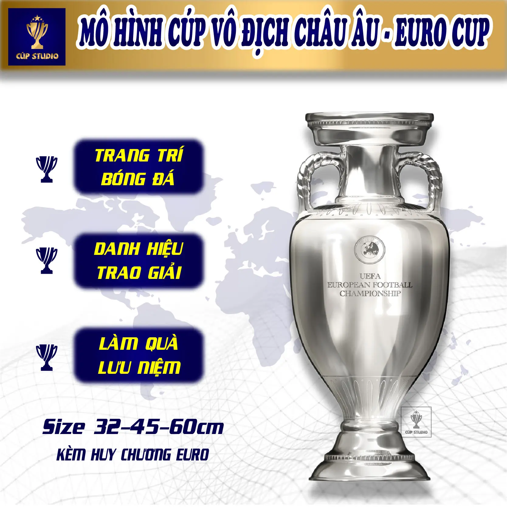 Mô hình Cúp Euro vô địch Châu Âu size từ 32-45cm trang trí bóng đá
