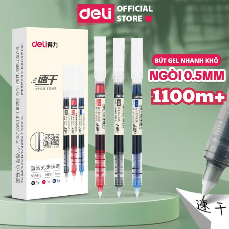 Bút bi gel nước ngòi 0.5mm mực gel nhanh khô Deli - viết thư pháp cho học sinh văn phòng, không lem khi viết, màu xanh đen đỏ ống mực liền - roller pen S856