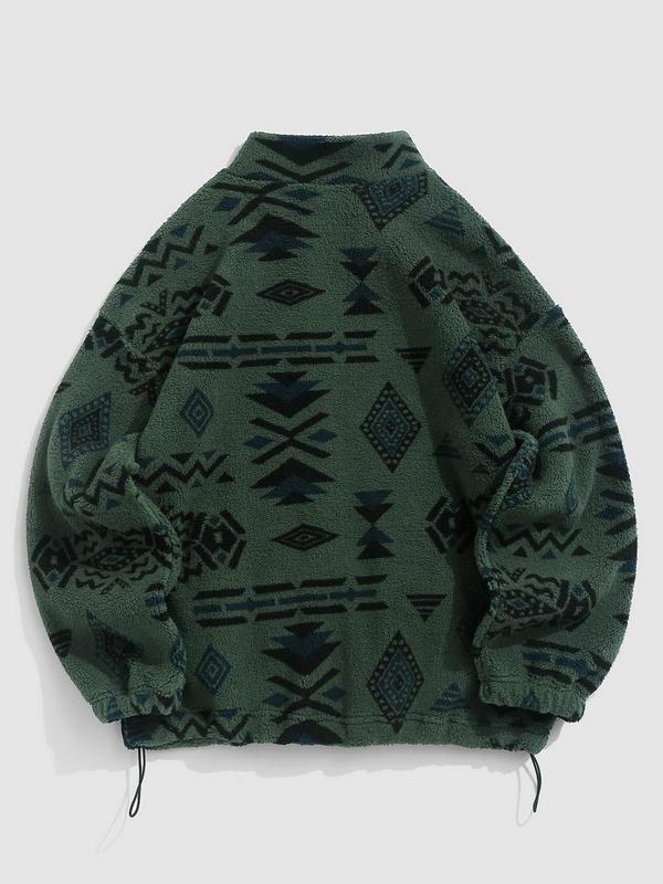 Women's Vintage Ethnic Pattern Drawstring Zip Up Coat, Fashion Cozy Drop Shoulder Long Sleeve Full Zip-up Teddy Outerwear, Trendy Women's Clothes, Y2k Workwear Outfits Streetwear, Balkan School Outfits, Ethnic Clothing UK 6
