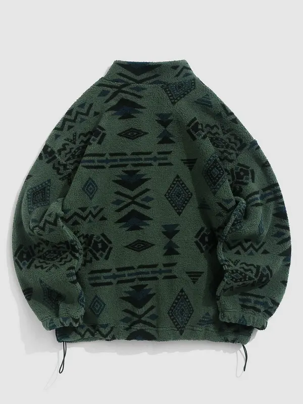 Women's Vintage Ethnic Pattern Drawstring Zip Up Coat, Fashion Cozy Drop Shoulder Long Sleeve Full Zip-up Teddy Outerwear, Trendy Women's Clothes, Y2k Workwear Outfits Streetwear, Balkan School Outfits, Ethnic Clothing UK 6