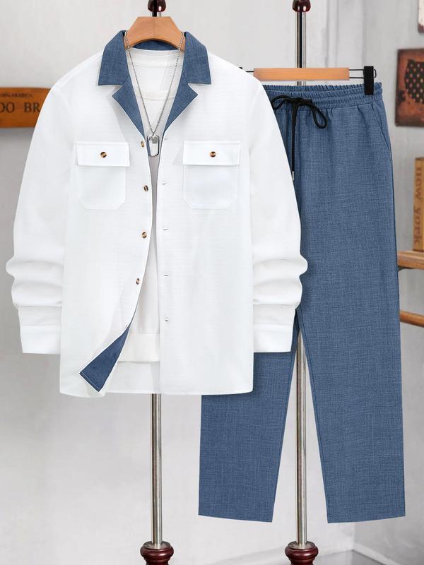 Men's Solid Button Front Longsleeves Shirt & Drawstring Waist Pants Set, Regular Fit Long Sleeve Lapel Neckline Top & Pocket Trousers, Casual Fashion Cozy Breathable Men Two-piece Outfits for Fall & Winter 2