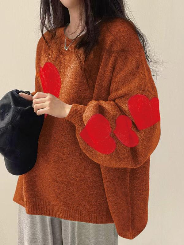 【Plus Size】 Colorblock Heart Pattern Crew Neck Sweater, Casual Chic Long Sleeve Pullover Jumper for Daily Outdoor Wear, Women Plus Clothing for Fall & Winter 8