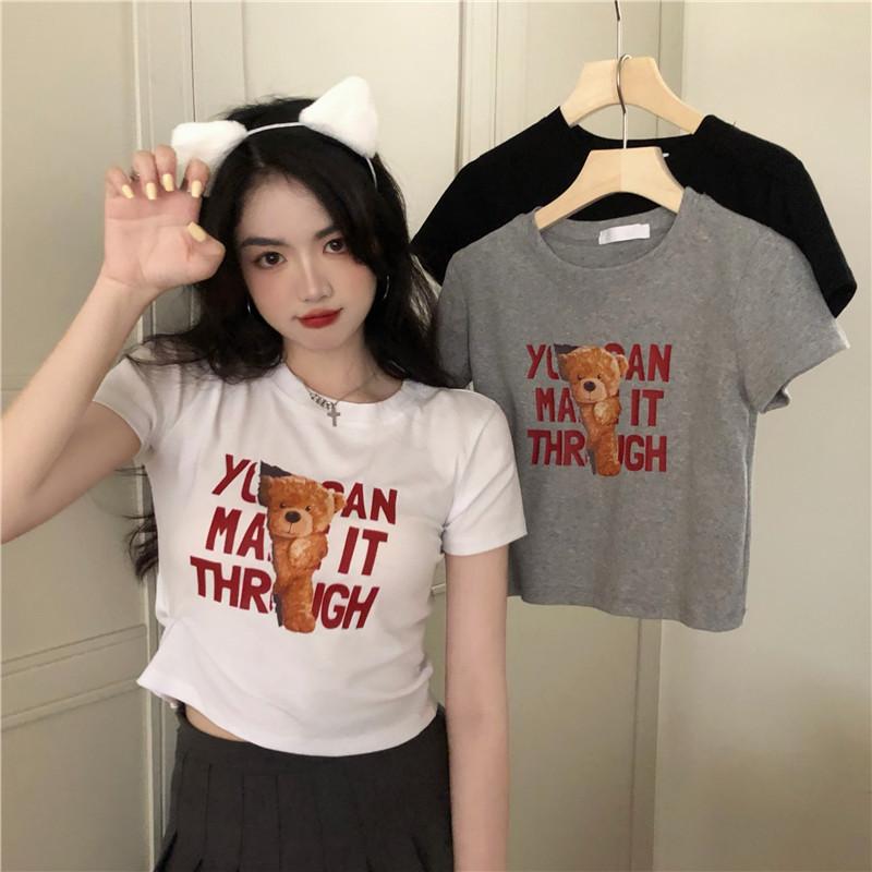 Product Introduction of Summer New Korean Style Letter Bear Printed Short-Sleeved T-shirt Women's Slim-Fit Crop-Top Women's Clothing 12