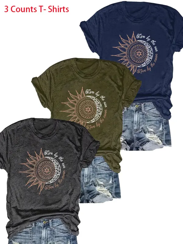Women's Sun & Moon Print Round Neck Graphic Tee, Summer Clothes Women, Casual Short Sleeve T-Shirt for Summer, Women's Top for Daily Wear 6