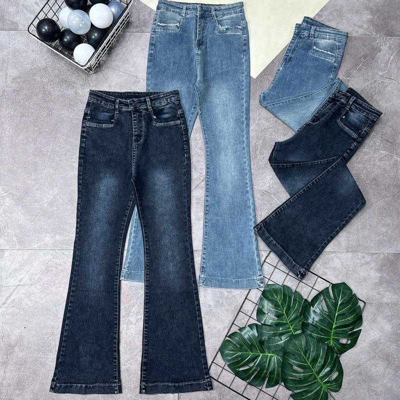 Quần jeans nữ NM ống loe douyin 1 nút lưng cao túi cào xước 2 màu 40-70kg loe  đính Denim Women Pants