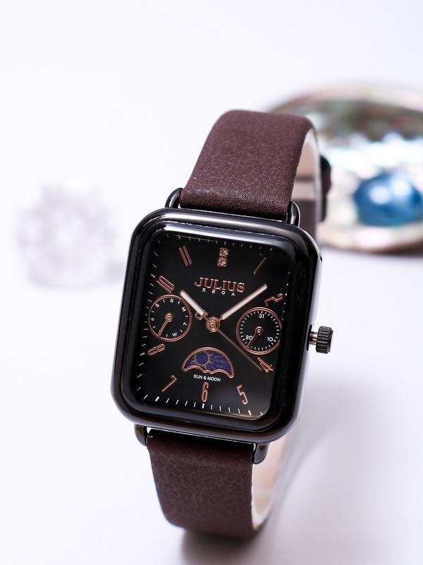 Đồng hồ Nữ Julius JA-1481D dây da nâu mặt đen Hoa Women