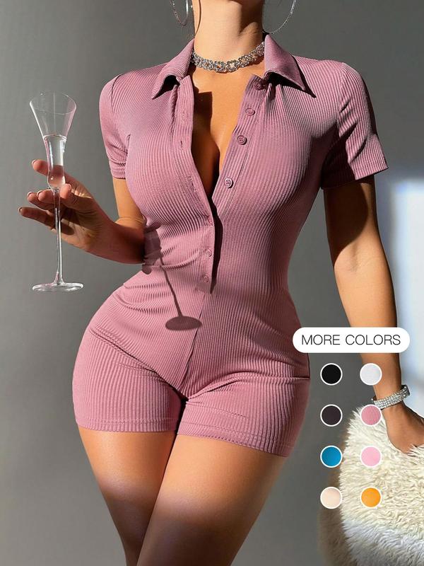 Women's Plain Ribbed Button Front Romper, Elegant Casual Short Sleeve Romper for Summer, Fashion Chic Women's Clothing for Daily Wear 0