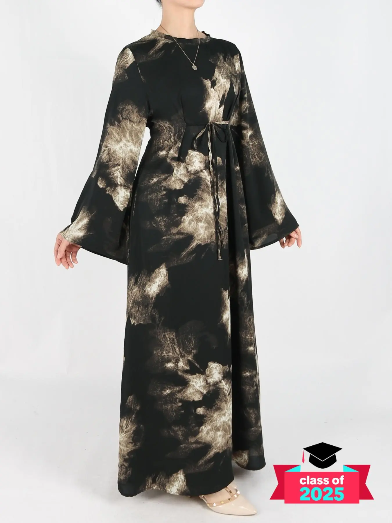Women's Tie Side Zipper Back Dress, Elegant Long Sleeve Modest Abaya Dress for Daily Wear, Ladies Islamic Clothing for All Seasons