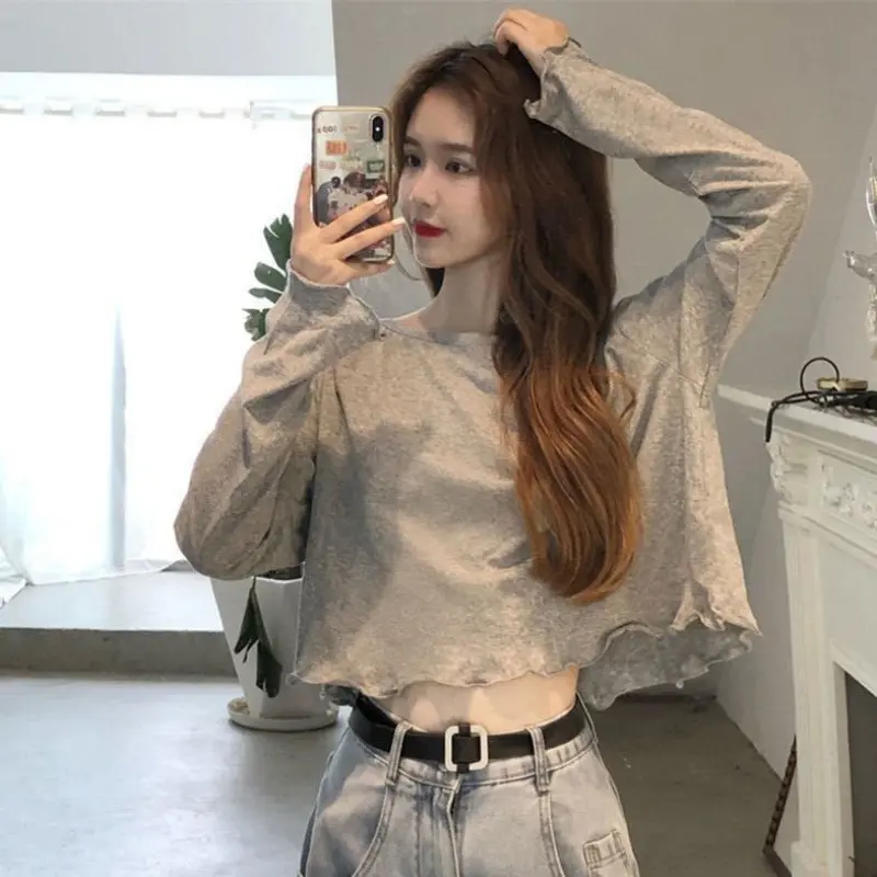Áo Thun Ngắn, INS Siêu-Hot, Dành Cho Nữ, Có Thể Mặc Trong Mùa Xuân, Mùa Thu Và Mùa Đông, Cạp Cao, Dài Tay, Áo Lớp Cơ Sở, Phong Cách Hàn Quốc, Áo Dáng Rộng Rãi, Hợp Xu hướng, Dài Đến Rốn Top Women Cổ Tròn