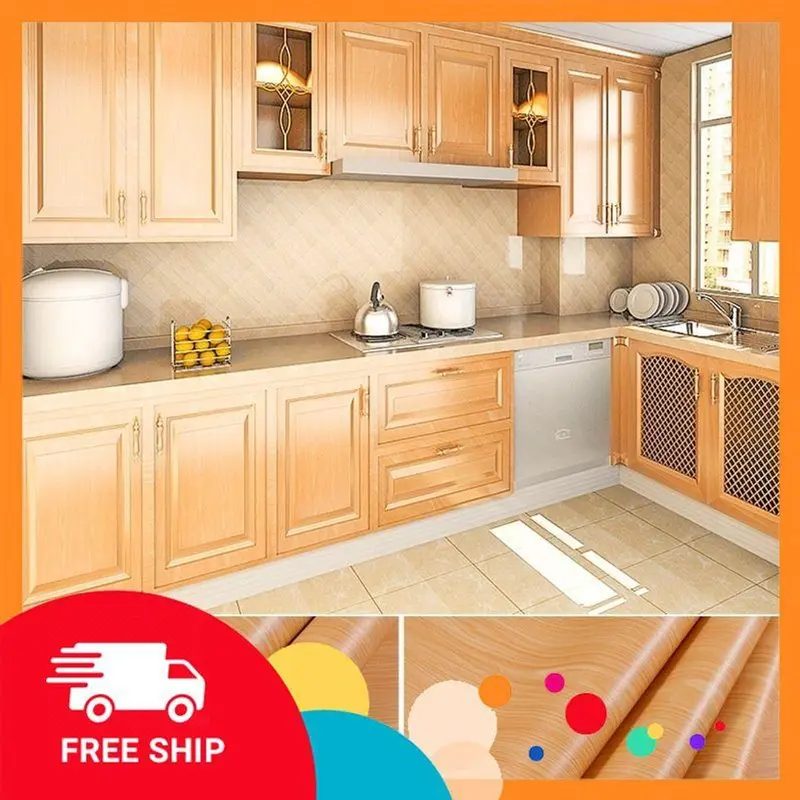 Giấy dán tường giả gỗ kícḣ thước 10 mét có keo sẵn chống thấm nước ẩm mốc, trang trí bàn, tủ khổ rông 45cm, decal giả gỗ 5