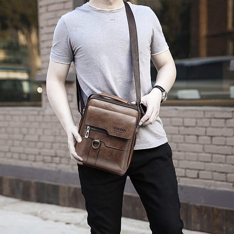 Product Introduction of Men'S Messenger Bag PU Leather Retro Shoulder Bag Casual Handbag Travel Backpack Men'S 15