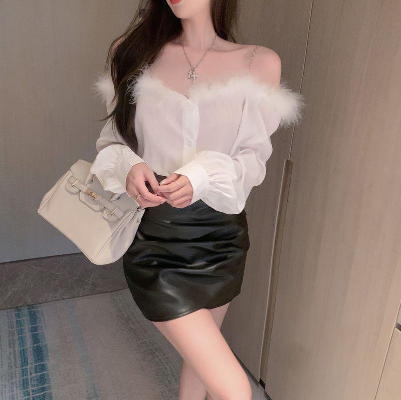 Product Introduction of #SS24 Áo Sơ Mi Dài Tay Lông Thú Trễ Vai, Phong Cách Ngọt Ngào , Dành Cho Phụ Nữ, Mùa Xuân, Mỏng, Thiết Kế Đẹp, Áo Sơ Mi Dáng Rộng Độc Đáo Áo Ngắn áo tứ thân hoàng lan anh váy lộn mèo áo corset bộ đồ thế giới ngầm áo olivia infinite hoodie girl hd 12