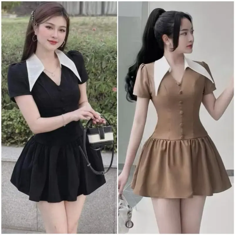 Đầm Nữ Bigsize Dự Tiệc Thiết Kế Sang Chảnh Đính Nút Bọc. Váy Phối Cổ Bẻ Kèm Quần Đùi ( Bigsize :45-90kg) Cotton 0
