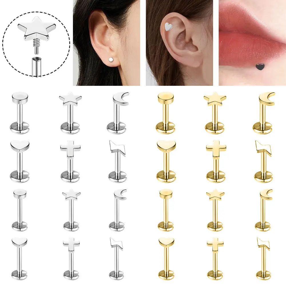 1PC 16G/18G Lip Piercing Stainless Steel Stud Earrings Love Heart Stars Moon Labret Piercing 8/10mm Helix Cartilage Piercings Earrings